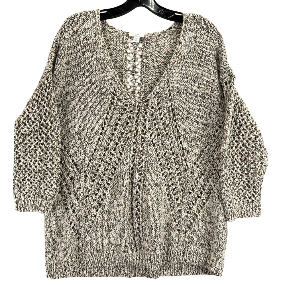 J. Jill Marled V-Neck Sweater Women M Petite Beige Black Boho‎ Pointelle Knit